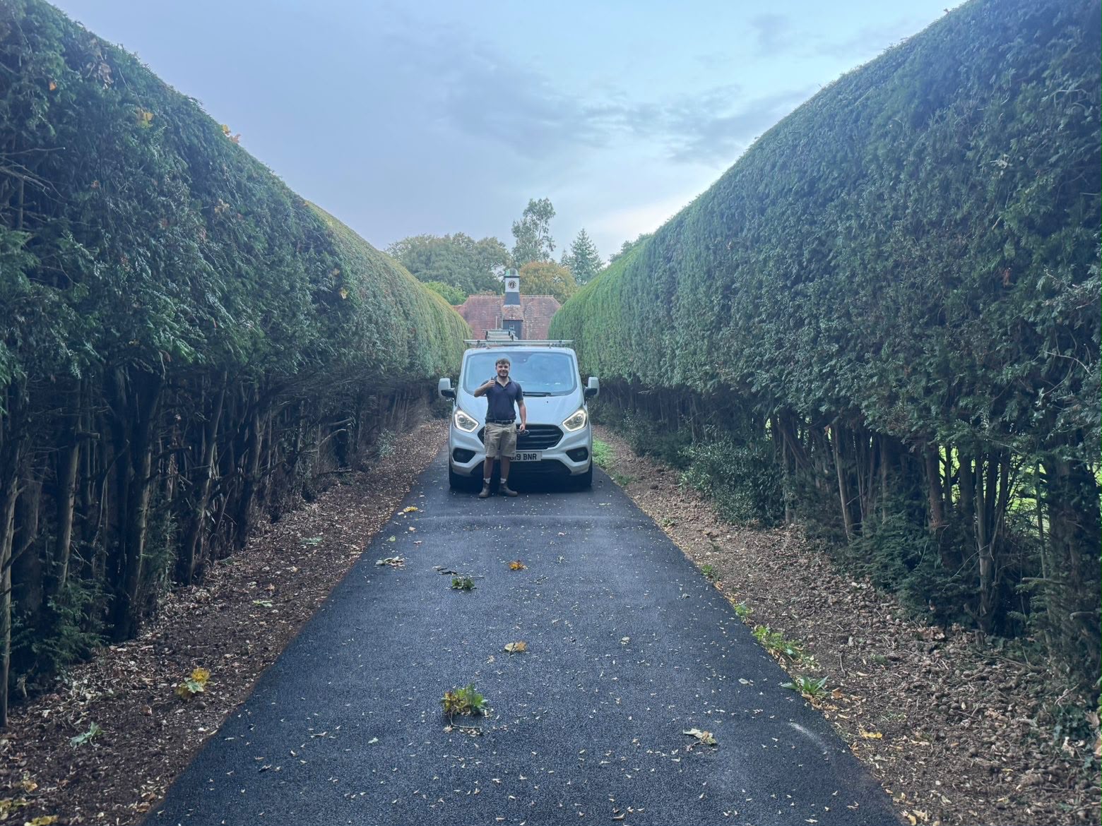 Van parked on a garden driveway between two perfectly trimmed mature hedges, maintained by HJB